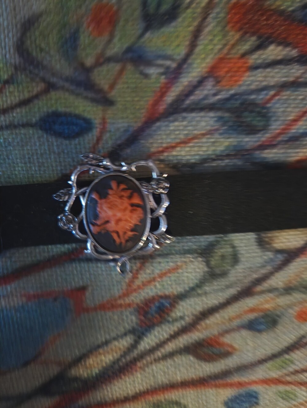Vintage-Inspired Black and Orange Floral Cameo Brooch Halloween